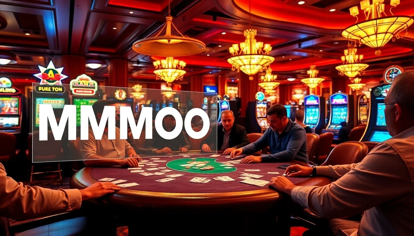 Experience the thrill of MMOO gaming at a vibrant casino table with players and poker chips.